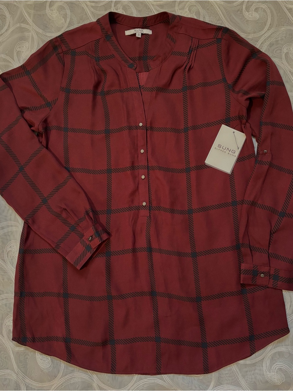 Alfred Sung Windowpane Plaid Long-Sleeve Shirt - Burgundy